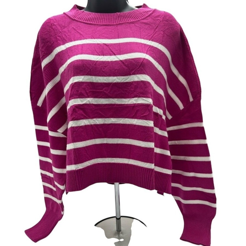 New MEROKEETY Women's Long Sleeve Crew‎ Neck Striped Crop Sweater size Large.
